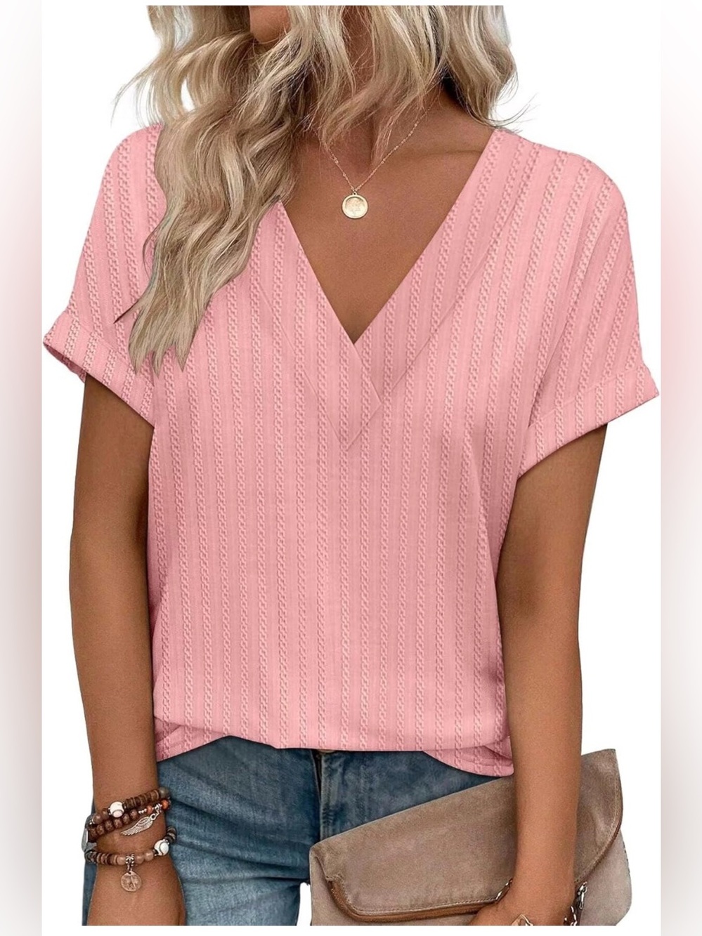 Women's Pink V-Neck Short Sleeve Top